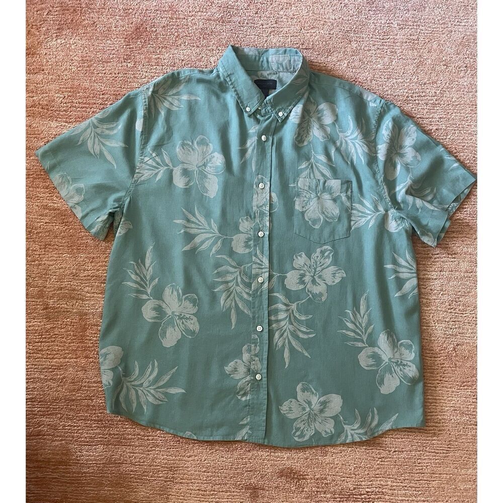 Magaschoni Man Green Floral Hawaiian Linen Blend Button Down Shirt XL